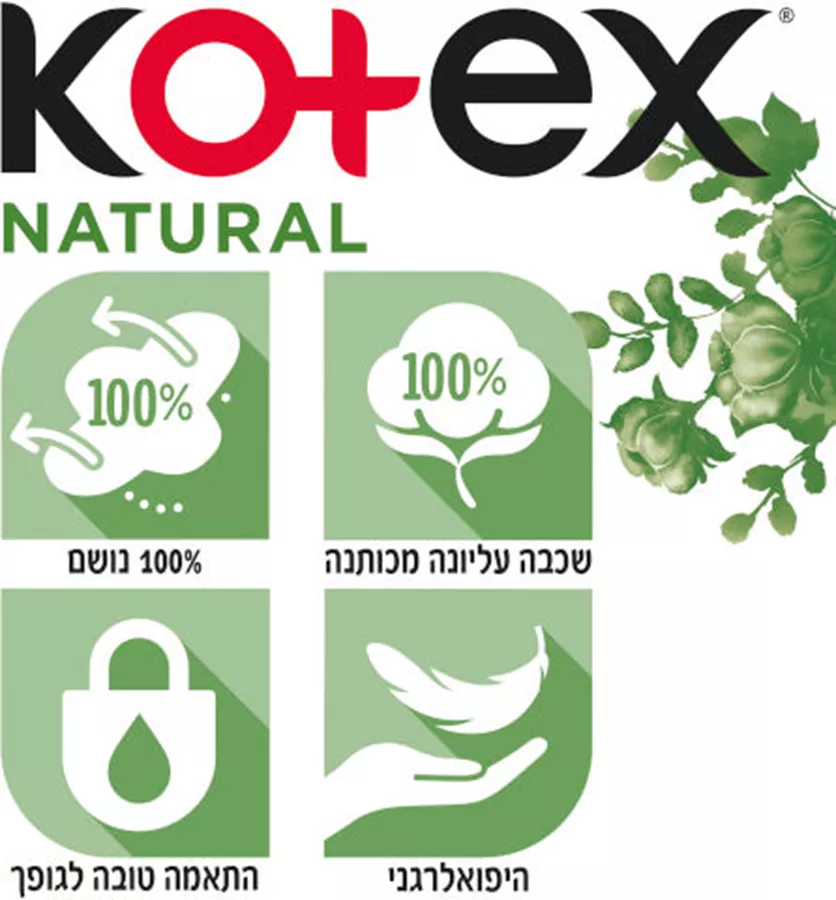 קוטקס נטורל תחבושות 100% כותנה עם כנפיים - נורמל