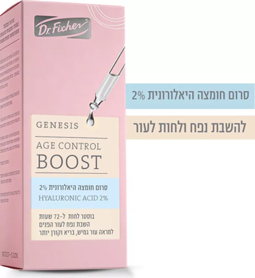 בקבוק זכוכית עם טפטפת של סרום היאלרונית ג'נסיס – נוסחה קלילה ושקופה הנספגת במהירות לשיקום עור יבש