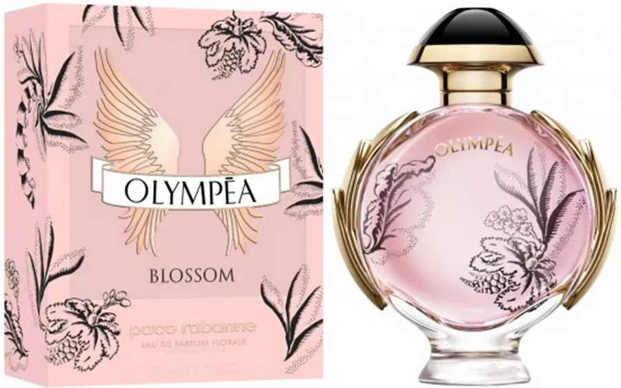 בושם Olympea Blossom של פאקו רבאן – בקבוק מעוצב עם איורי פרחים שחורים, ניחוח ורדים ווניל מלוח עוצמתי