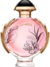 בושם Olympea Blossom של פאקו רבאן – בקבוק מעוצב עם איורי פרחים שחורים, ניחוח ורדים ווניל מלוח עוצמתי